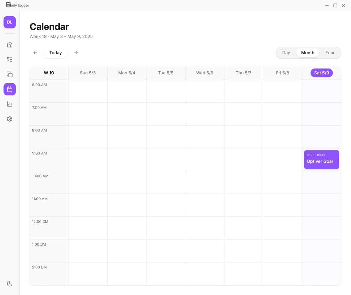 Week calendar with planned slots and tracked sessions
